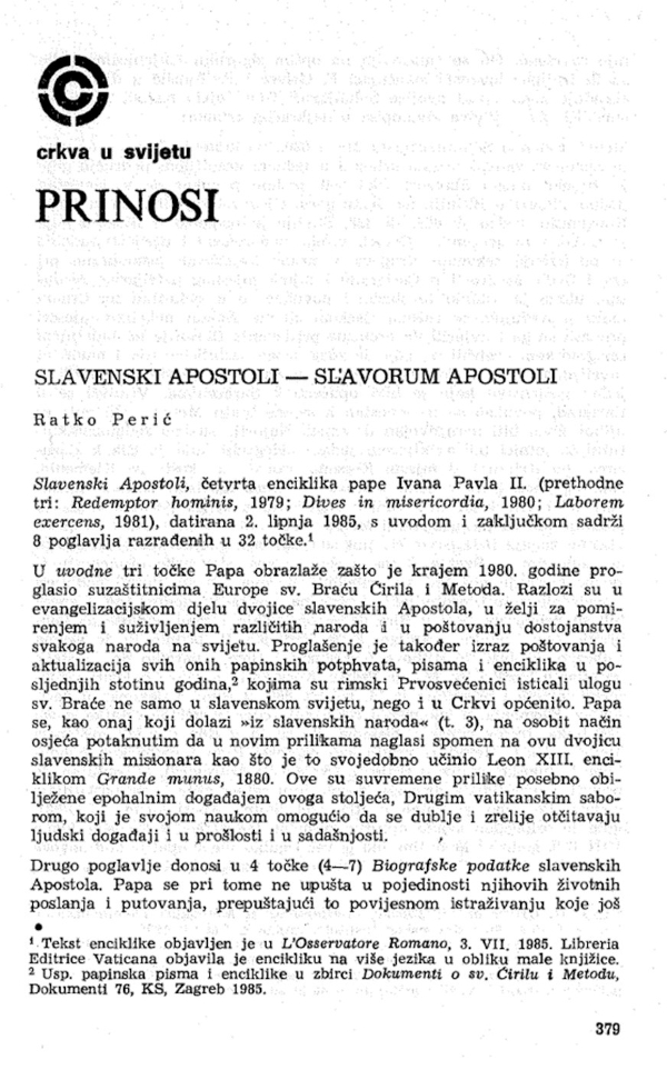 Uvodni dio teksta Ratka Perića o papinskoj poslanici u časopisu "Crkva u svijetu"