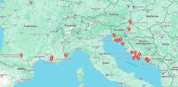 Crkve sv. Jeronima u Hrvatskoj i Francuskoj (prema Google Maps)