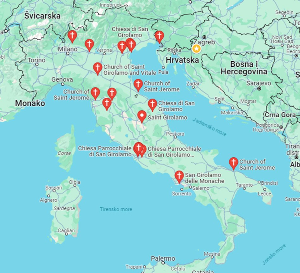 Crkve sv. Jeronima (San Girolamo) u Italiji (prema Google Maps)