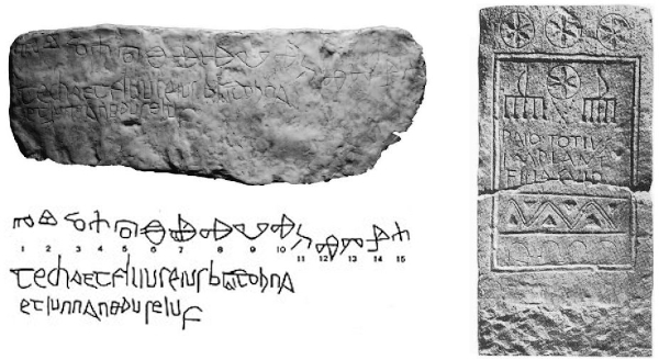 Lijevo je Valunska ploča (fotografija i prijepis natpisa), a desno Ilirska ploča iz Ruduše kod Sinja