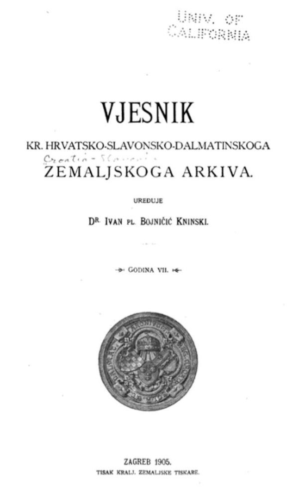 Preslika iz "Vjesnika Kraljevskog Hrvatsko-Slavonsko-Dalmatinskoga zemaljskoga arkiva" s prijepisima dokumenata iz Beča od 15. lipnja 1551. godine, a koji se odnosi na diobu iz 1493. godine u kojoj se spominje Ivan Krnjak od Poljane.