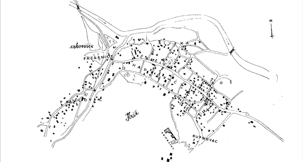 Plan grada Fojnice s kraja 19. stoljeća (Izvor: Vlajko Palavestra ”Historijska narodna predanja i toponomastika u Fojnici i okolini”, str. 103)