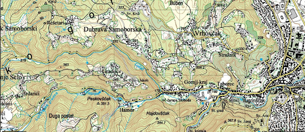 Dio Samoborskog gorja zapadno od grada Samobora s toponimima koji se spominju u napisu (od sjevera prema jugu): Sveti Križ, Dubrava Samoborska, Gradišće, Hajdovšćak (Izvor: Geoportal (geoportal.dgu.hr))