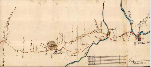 Prvobitna (sjeverna) i izmijenjena (južna) trasa dionice Karoline između Novigrada na Dobri i Bosiljeva na zemljovidu iz 1803. godine (Izvor: Petar Feletar ”Hrvatske povijesne ceste Karolina, Jozefina i Lujzijana”)