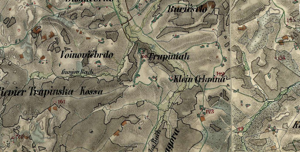 Isječak zemljovida ”Hrvatska (1865-1869) - Druga vojna izmjera Habsburškog Carstva” na kojem je šire područje Male Crkvine naznačeno toponimom na njemačkom jeziku ”Klein Crkvina” (Izvor: Hungaricana - Hungarian Cultural Heritage Portal: Mapire: Country maps: Croatia (1865-1869) - Second military survey of the Habsburg Empire (maps.arcanum.com))
