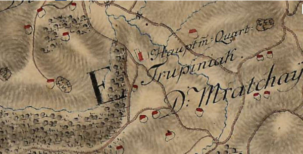 Područje Male Crkvine na zemljovidu Karlovačkog generalata iz 1774-1775. godine, na kojem je istaknut položaj kapetanskog zapovjedništva “Hauptm Quart Trupiniak“ (Izvor: Hungaricana - Hungarian Cultural Heritage Portal: Maps and Plans (maps.hungaricana.hu))