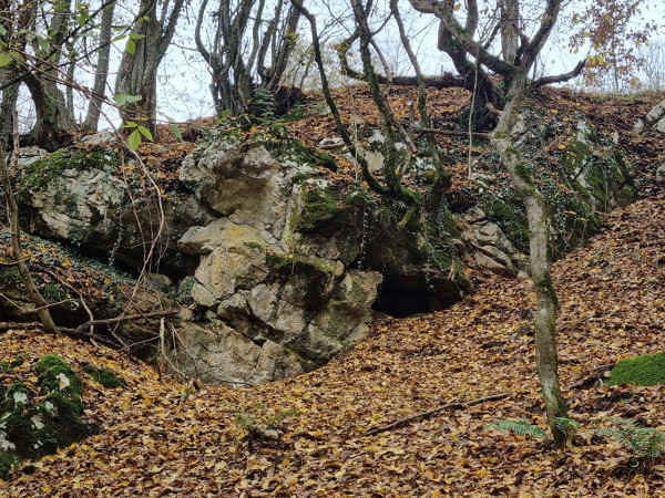 Stijene iznad izvora potoka Trupinjska rijeka i ulaza u Krajačevu pećinu koje su možda poslužile kao kamenolom za građevne ulomke i grobne spomenike antičkog i srednjovjekovnog naselja i nekropole na području Male Crkvine (Foto: Tomislav Beronić)