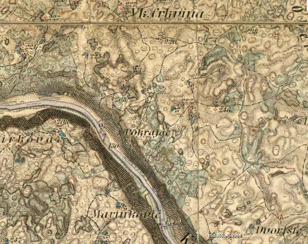 Isječak vojnog zemljovida Karlovačkog generalata iz 1774.-1775. godine s prikazom područja označenog toponimom Velika Crkvina, koji potječe od srednjovjekovne crkve Sveti Vid (Izvor: Hungaricana - Hungarian Cultural Heritage Portal: Mapire: Country maps: Karlstädter Generalat (1774-1775) - First Military Survey (maps.arcanum.com))