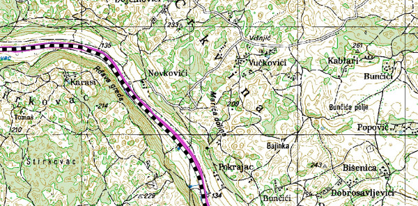 Topografska karta (tako zvana ”specijalka”) s istaknutom kotom 209, istočno od Marića doline nedaleko desne obale Korane (Izvor: Ministarstvo poljoprivrede RH - Aktivna lovišta (sle.mps.hr))