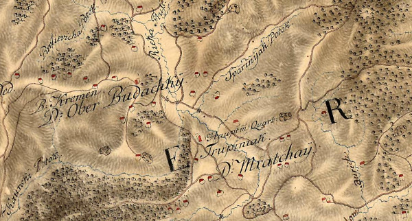 Područje Trupnjaka na zemljovidu Karlovačkog generalata iz 1774-1775. godine, na kojem je istaknut položaj kapetanskog zapovjedništva “Hauptm Quart Trupiniak“ (Izvor: Hungaricana - Hungarian Cultural Heritage Portal: Mapire: Country maps: Karlstädter Generalat (1774-1775) - First Military Survey (maps.arcanum.com))