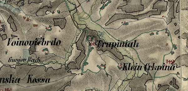Isječak iz zemljovida 2. vojne izmjere iz 1865-1869. godine, s naznačenim toponimima Trupinjak, Mala Crkvina i Vojnović Brdo (Izvor: Hungaricana - Hungarian Cultural Heritage Portal: Maps and Plans: Croatia (1865–1869) - Second military survey of the Habsburg Empire (maps.hungaricana.hu))