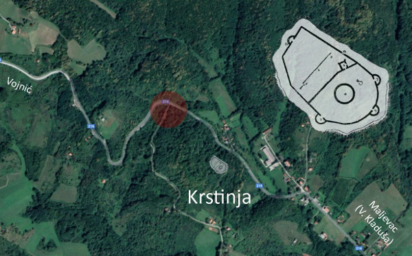 Položaj ruševnih ostataka Krstinje nedaleko današnjeg istoimenog sela i tlocrt utvrđenog grada iz 1701. godine (Izvor: Gjuro Szabo "Sredovječni gradovi u Hrvatskoj i Slavoniji”, 1920.)