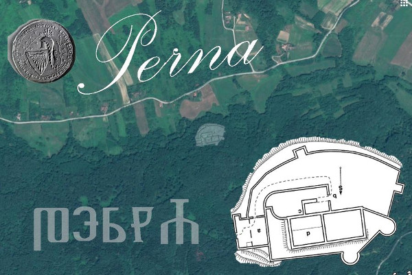 Položaj Perne i tlocrt srednjovjekovnog grada (Izvor: Gjuro Szabo ”Sredovječni gradovi Hrvatske i Slavonije”, 1920.; dorada Krešimir Regan 2021.)