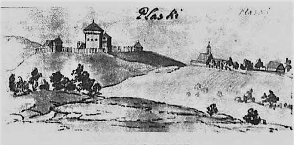Crtež Plaškog kojeg je izradio austrijski vojni inženjer Matija Antun Weiss iz 1729. godine, na kojem se ističu obrambena kula na uzvisini (lijevo) i drvena Saborna crkva Vavedenja Presvete Bogorodice (desno) (Izvor: Plaški - Lika (plaski-lika.com))