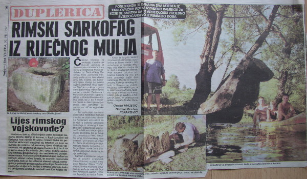 Napis posvećen vađenju polovice poklopca kamene škrinje iz Korane kod Donjeg vrutka, objavljen u ”Večernjem listu” 30. srpnja 1997. godine