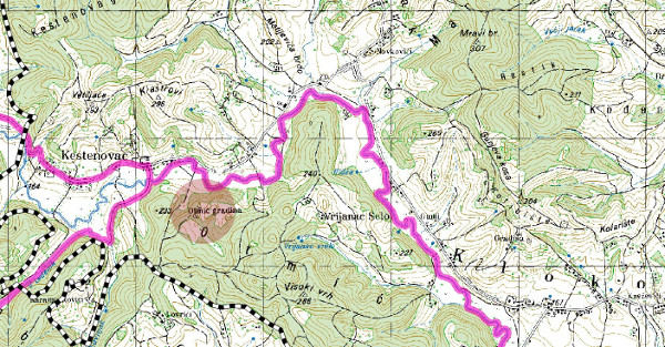 Topografska karta (tako zvana ”specijalka”) s istaknutim nazivom Otmić gradina na položaju srednjovjekovnog grada (Izvor: Ministarstvo poljoprivrede RH - Aktivna lovišta (sle.mps.hr))