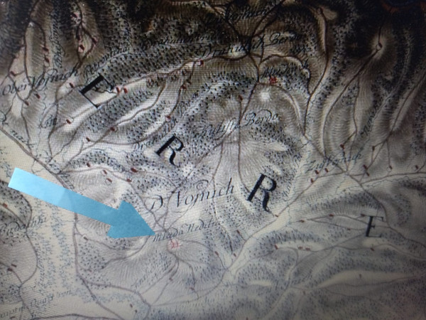Položaj drvene pravoslavne crkve (toponim ”Mlada Nedila”) na području Kokirevo, na zemljovidu Karlovačkog generalata iz 1774-1775. godine; toponiom “Alte Kirch“ je vidljiv gore desno (Izvor: Hungaricana - Hungarian Cultural Heritage Portal: Maps and Plans (maps.hungaricana.hu))