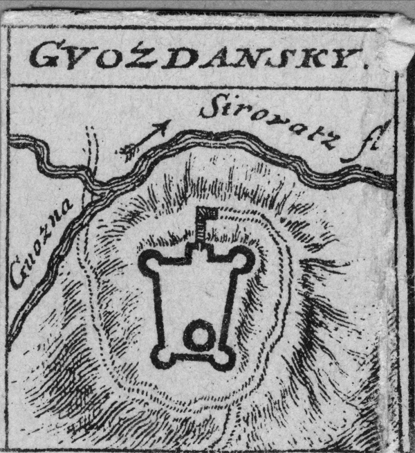 Tlocrt Gvozdanskog iz 15. stoljeća prema crtežu sa mape koju je 1700. godine izradio njemački grafičar Johann Christoph Weigel u Nürnbergu (Izvor: Gjuro Szabo ”Sredovječni gradovi u Hrvatskoj i Slavoniji”, 1920.; Zbirka fotografske dokumentacije Ministarstva kulture i medija RH ((fototeka.min-kulture.hr)