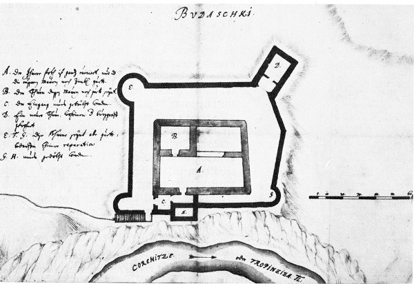 Tlocrt utvrde Budački vojnog inženjera F. Hollsetina iz 1699. godine (Izvor: Milan Kruhek "Graditeljska baština karlovačkog Pokuplja”, 1993.)