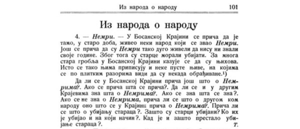 Napis ”Nemri” u časopisu ”Razvitak” iz 1936. godine kojim se čitatelji pozivaju na suradnju dostavljanja predaja i priča o tom drevnom narodu Bosanske Krajine, Like i Velebita (Izvor: Digitalna Narodna i univerzitetska biblioteka Republike Srpske (digital.nub.rs))