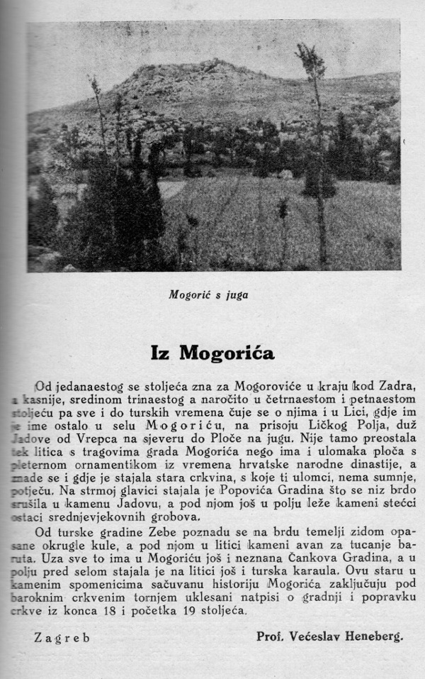 Presnimka napisa Većeslava Henneberga ”Iz Mogorića”, objavljenog u ”Ličkom kalendaru za 1936. godinu” u kojem spominje mogorićke stećke (Izvor: Facebook stranica Gospić kroz prošlost (postavio Dražen Bistrović 21. svibnja 2020.))