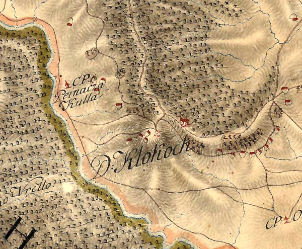 Položaj srednjovjekovnog grada Klokoča prikazan je skicom utvrde (u crvenoj boji), desno od toponima D. Klokoch, na zemljovidu Karlovačkog generalata iz 1774-1775. godine (Izvor: Hungaricana - Hungarian Cultural Heritage Portal: Mapire: Country maps: Karlstädter Generalat (1774-1775) - First Military Survey (maps.arcanum.com))