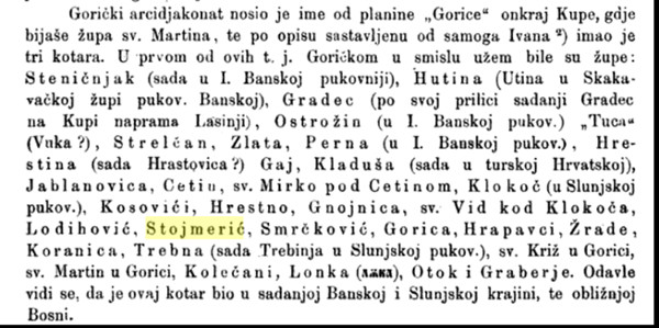 Povhesničar Franjo Rački spominje župu Stojmerić u sastavu “Goričkog arcidjakonata“ (Izvor: ”Književnik” (Franjo Rački ”Ivan arcidjakon Gorički”), 1864.)