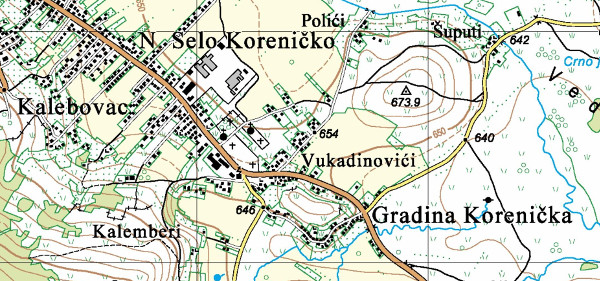 Prema predaji žitelja Gradine Koreničke, srednjovjekovna crkva s grobljem, na kojem je zacijelo bilo i stećaka, nalazila se jugoistočno od brijega na kojem je u prapovijesti bila japodska gradina (Izvor: Geoportal (geoportal.dgu.hr))