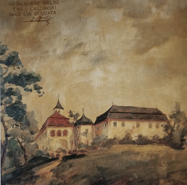 Grad Brlog na Kupi na slici Josipa Horvata Međimurca iz 1939. godine (Izvor: Milovan Petković ”Emilij Laszowski - Szeliga 1868. - 1949.”, 2000.)
