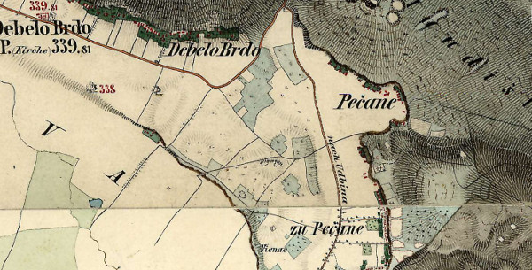 Područje sela Pećane na zemljovidu izrađenom 1865-1869. godine; gdje se nalazila srednjovjekovna crkva uz koju je možda bilo groblje sa stećcima? (Izvor: Hungaricana - Hungarian Cultural Heritage Portal: Mapire: Country maps: Croatia (1865-1869) - Second military survey of the Habsburg Empire (maps.arcanum.com))