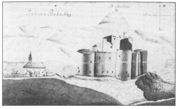 Crtež vojnog inženjera J. A. Schilingera iz oko 1746. godine koji prikazuje ruševinu utvrđenog grada Budačkog i obližnju crkvu u Donjem Budačkom, koji su se nalazili oko 4 kilometra južnije od Martinšćaka, dok se iza ruševine na vrhu brijega nazire crkva Sveti Martin (Izvor: Milan Kruhek ”Graditeljska baština karlovačkog Pokuplja”, 1993.)