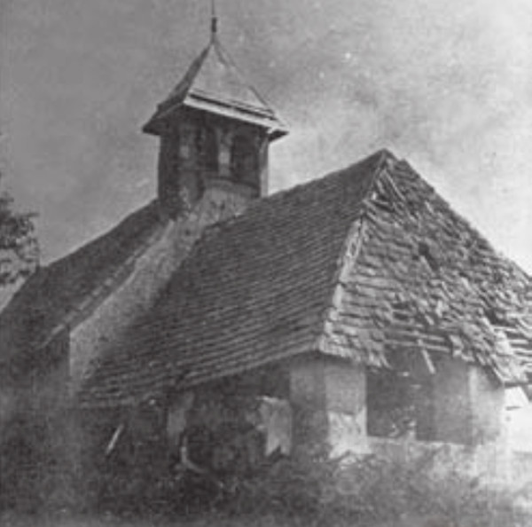 Izgled starije crkve Sveti Martin koja je srušena 1936. godine (Izvor: Filip Škiljan ”Kulturno-historijski spomenici Korduna s pregledom povijesti Korduna od prapovijesti do 1881. godine”, 2007.; Gradski muzej Karlovac)