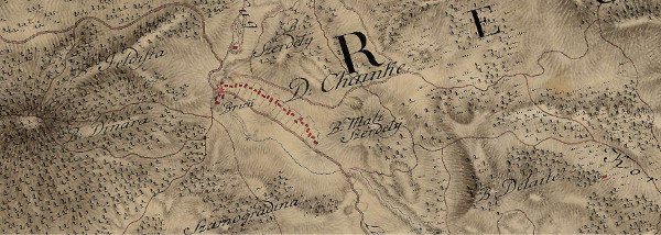 Na zemljovidu Karlovačkog generalata iz 1774-1775. godine s ondašnjim nazivima za selo Chanke (Čanke) i obližnji brijeg Szerdely (Serdelj) (Izvor: Hungaricana - Hungarian Cultural Heritage Portal: Mapire: Country maps: Karlstädter Generalat (1774-1775) - First Military Survey (maps.arcanum.com))