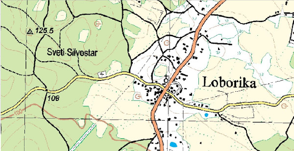 Položaj crkve Sveti Flor u središtu Loborike, suvremenog groblja zapadno od nje (uz žutu cestu, oznaka križa) i brežuljka Sveti Silvestar (125,5 m.n.v.) oko kojeg se prostiralo srednjovjekovno naselje (Izvor: Geoportal (geoportal.dgu.hr))