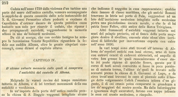 Posljednji odlomak u desnom stupcu tjednika ”L Istria”, broj 61-62 od 9. listopada 1847. godine, sadrži zapis povjesničara Bartolomea Giorginija o pronalasku divovskog kostura u Labinu (Izvor: Stare hrvatske novine - Portal digitaliziranih novina (dnc.nsk.hr))