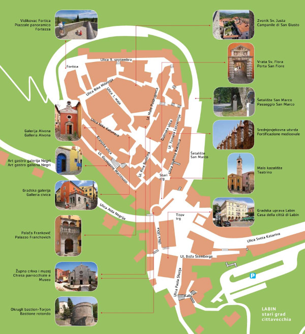 Turistički plan starogradske jezgre Labina na kojem je pri dnu, lijevo (zapadno) od parkirališta naznačen toponim Kalić, koji potječe od (s)kala ili stepenica koje vode ka trgu (Izvor: Turistička zajednica grada Labin - Rabac (rabac-labin.com))