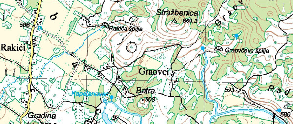 Crkvina u Vrebcu nalazi se jugozapadno od brijega Stražbenica i jugoistočno od Rakića špilje (Izvor: Geoportal (geoportal.dgu.hr))