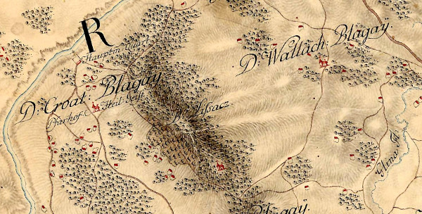 Crkva Sveti Duh u Blagaju i još dvije crkve nepoznatog titulara na području Vlaškog Blagaja prikazane na zemljovidu Karlovačkog generalata iz 1774-1775. godine (Izvor: Hungaricana - Hungarian Cultural Heritage Portal: Mapire: Country maps: Karlstädter Generalat (1774-1775) - First Military Survey (maps.arcanum.com))