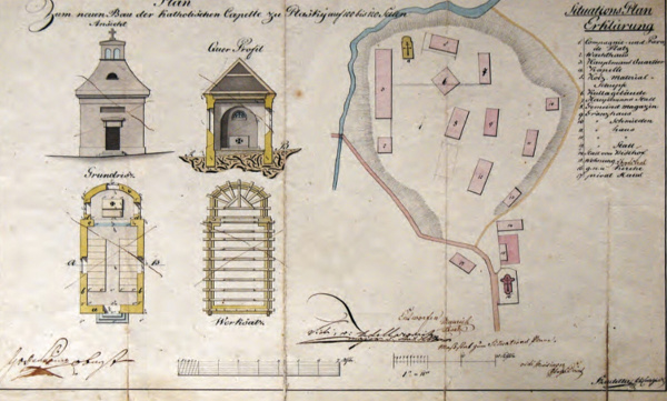 Nacrt crkv(ic)e Sveti Antun Padovanski i zdanja Vojne krajine u Plaškom, izrađen u prvoj polovici 1830-ih godina u svrhu obnove spomenute kapele (Izvor: Plaški - nepoznata historija (plaski.home.blog); Dražvni arhiv u Karlovcu - Zbirka građevinskih nacrta kotara (sign. HR-DAKA-139))