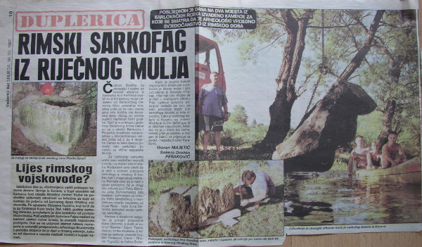Članovi Društva za ekologiju i vodne aktivnosti "Sedra" iz Barilovića 1997. godine izvukli su iz Korane kraj Barilovićkog Cerovca polovicu poklopca sarkofaga, te ga premjestili u dvorište starog grada Barilović (Foto u novinama: Dražen Peraković)