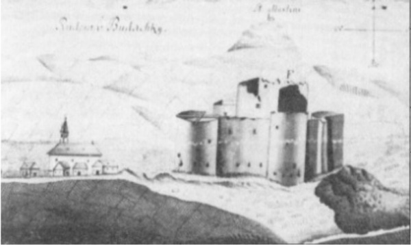 Crtež utvrde Budački i crkve Sveti Mihajlo i Gavrilo (na položaju srednjovjekovne crkve Sveti Mihovil) vojnog inženjera J. A. Schillingera iz 1746. godine (Izvor: Milan Kruhek "Graditeljska baština karlovačkog Pokuplja”, 1993.)