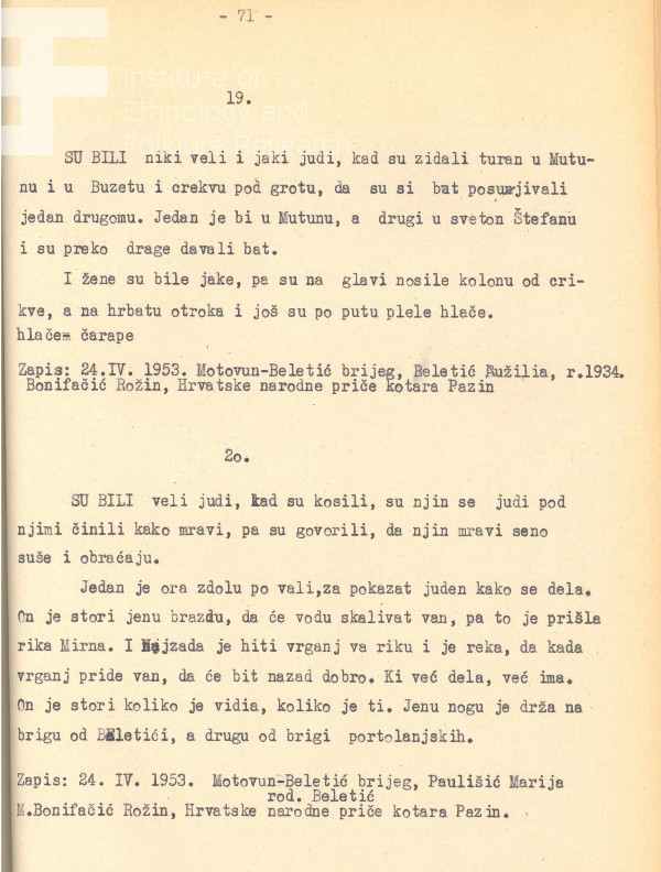 Dvije narodne predaje o divovima iz okolice Motovuna koje je zabilježio etnolog i folklorist Nikola Bonifačić Rožin u rukopisu ”Hrvatski narodni običaji, pjesme, priče iz kotara Pazin - God. 1953.” (Izvor: Digitalizirani repozitorij Instituta za etnologiju i folkloristiku iz Zagreba (repozitorij.dief.eu))