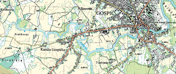 U Kaniži kod Gospića nosio je Franjko Bubaš 1776. godine na leđima punih 150 metara teret od gotovo 340 kilograma - konja natovarenog vinom iz Primorja (Izvor: Geoportal (geoportal.dgu.hr))