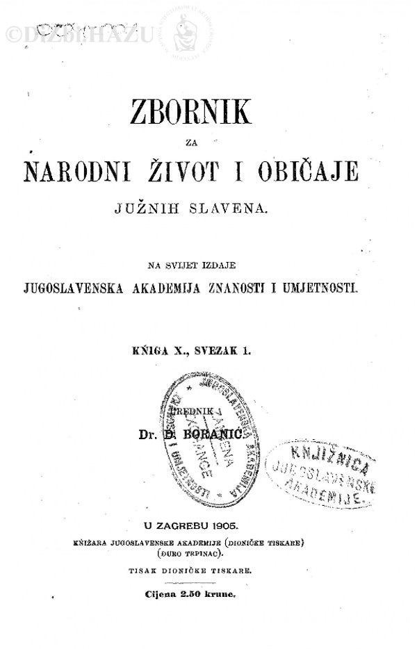 Naslovnica ”Zbornika za narodni život i običaje južnih Slavena” iz 1905. godine u kojem je Frano Ivanišević objavio predaju o divovima iz Poljica (Izvor: Google books (books.google.hr))