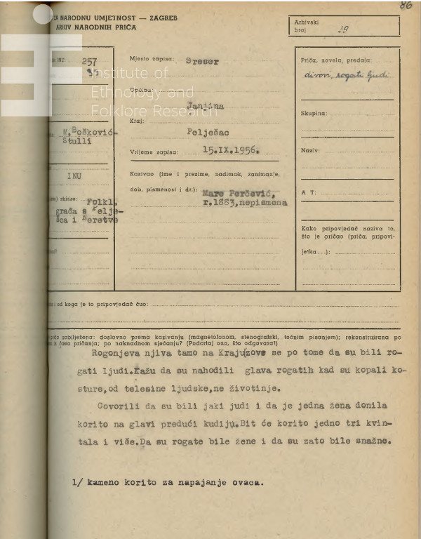 Predaja iz sela Sreser na poluotoku Pelješcu govori da su nekoć tamo ljudi "nahodili glava rogatih kad su kopali kosture" (Izvor: Digitalizirani repozitorij Instituta za etnologiju i folkloristiku iz Zagreba (repozitorij.dief.eu))