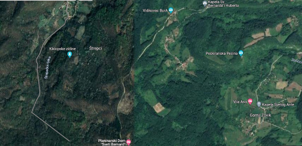 Položaj Kiklopskih stijena, smještenih na sjevernim obroncima gore Majevice, u onosu na sela Štrepci i Zovik (Google.com)