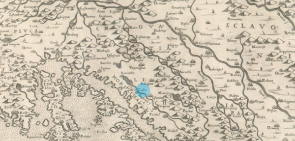 Kosinj na zemljovidu iz 1566. godine (Izvor: Nacionalna i sveučilišna knjižnica u Zagrebu (nsk.hr))