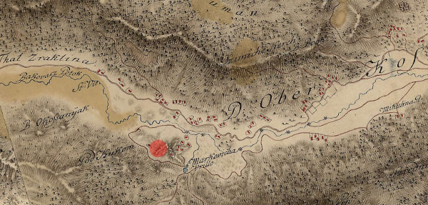 Položaj srednjovjekovnog utvrđenog grada Kosinja na zemljovidu Kaelovačkog generalata iz 1774-1775. godine; crvena točka pokazuje položaj "Kule" (Izvor: Hungaricana - Hungarian Cultural Heritage Portal: Mapire: Country maps: Karlstädter Generalat (1774-1775) - First Military Survey (maps.arcanum.com))