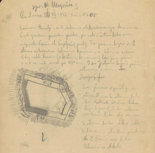 Skica temeljnih ostataka srednjovjekovne utvrde na vrhu brijega Šupljača (Crtež: Većeslav Henneberg, 1923.; Izvor: Ministarstvo kulture (i medija) - Uprava za zaštitu kulturne baštine / središnji arhiv - ostavština Većeslava Henneberga (MK - UZKB / SA - OVH))