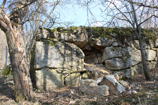 Ruševina jedne od kuća u podnožju crkve u Jošanima građena od izrazito velikih kamenih klesanaca (Foto: Goran Majetić, 2022.)